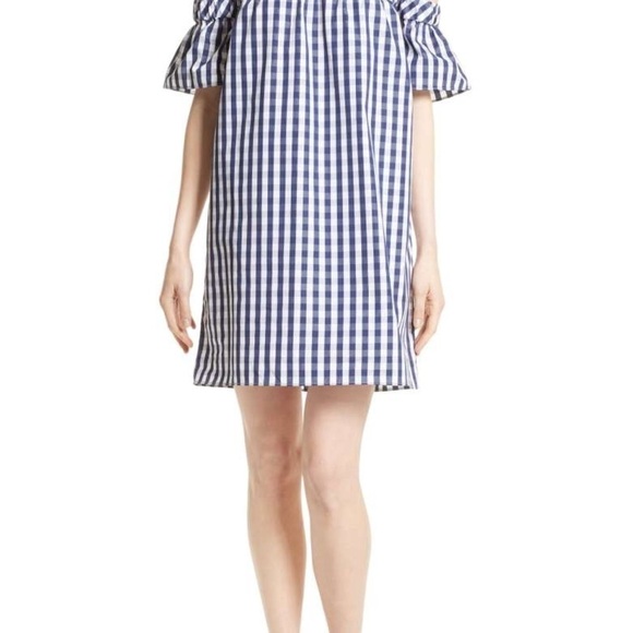 Milly / Gingham navy white Off the Shoulder Shift mini Dress Size M - Picture 6 of 8